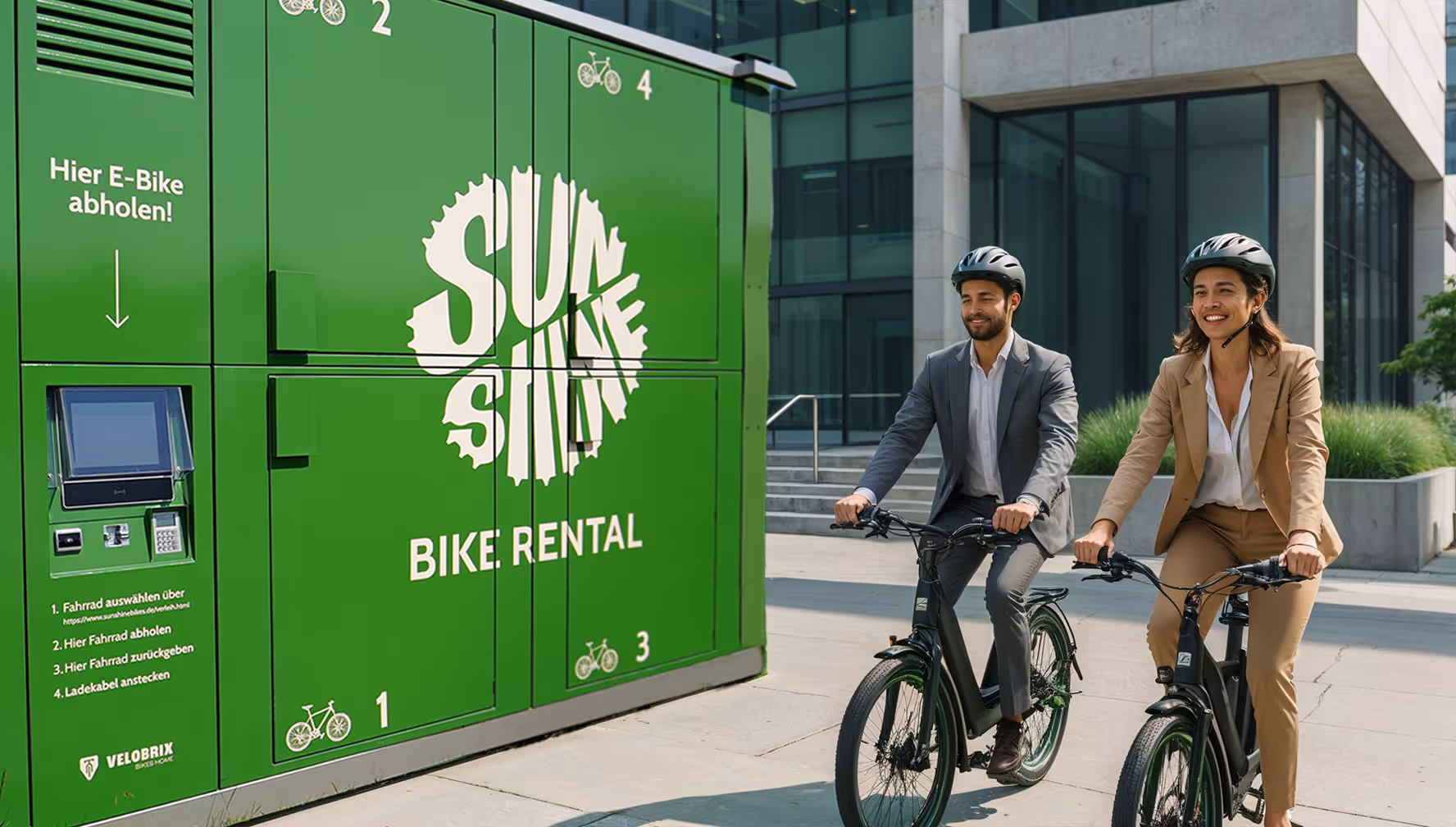 E-Bike-Verleihstation vor Firmengebäude mit zwei geschäftlich gekleideten Radfahrern