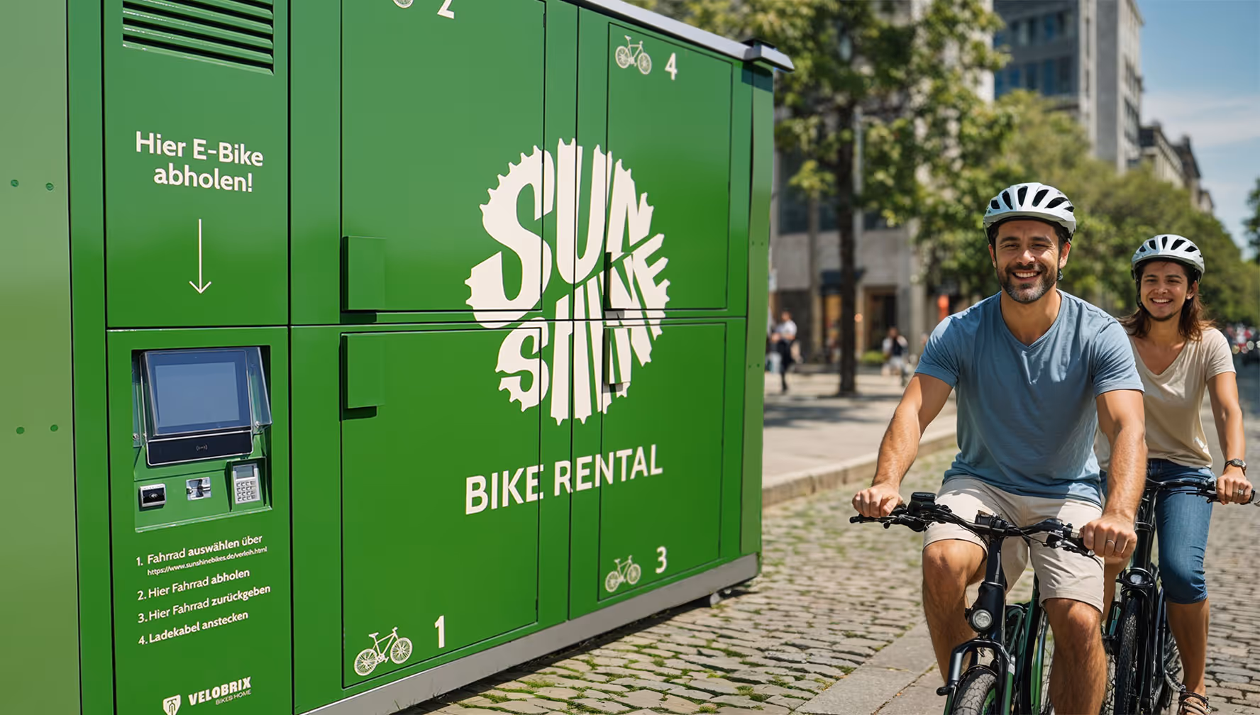 E-Bike-Verleihstation in urbanem Umfeld mit zwei Radfahrern